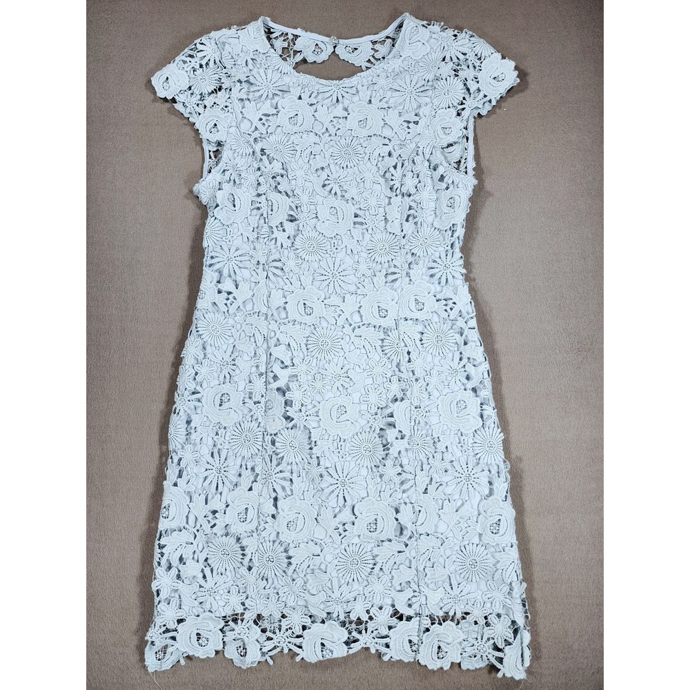 Lulus Romance Language Backless Lace Overlay Dress Large Light Blue Mini Party